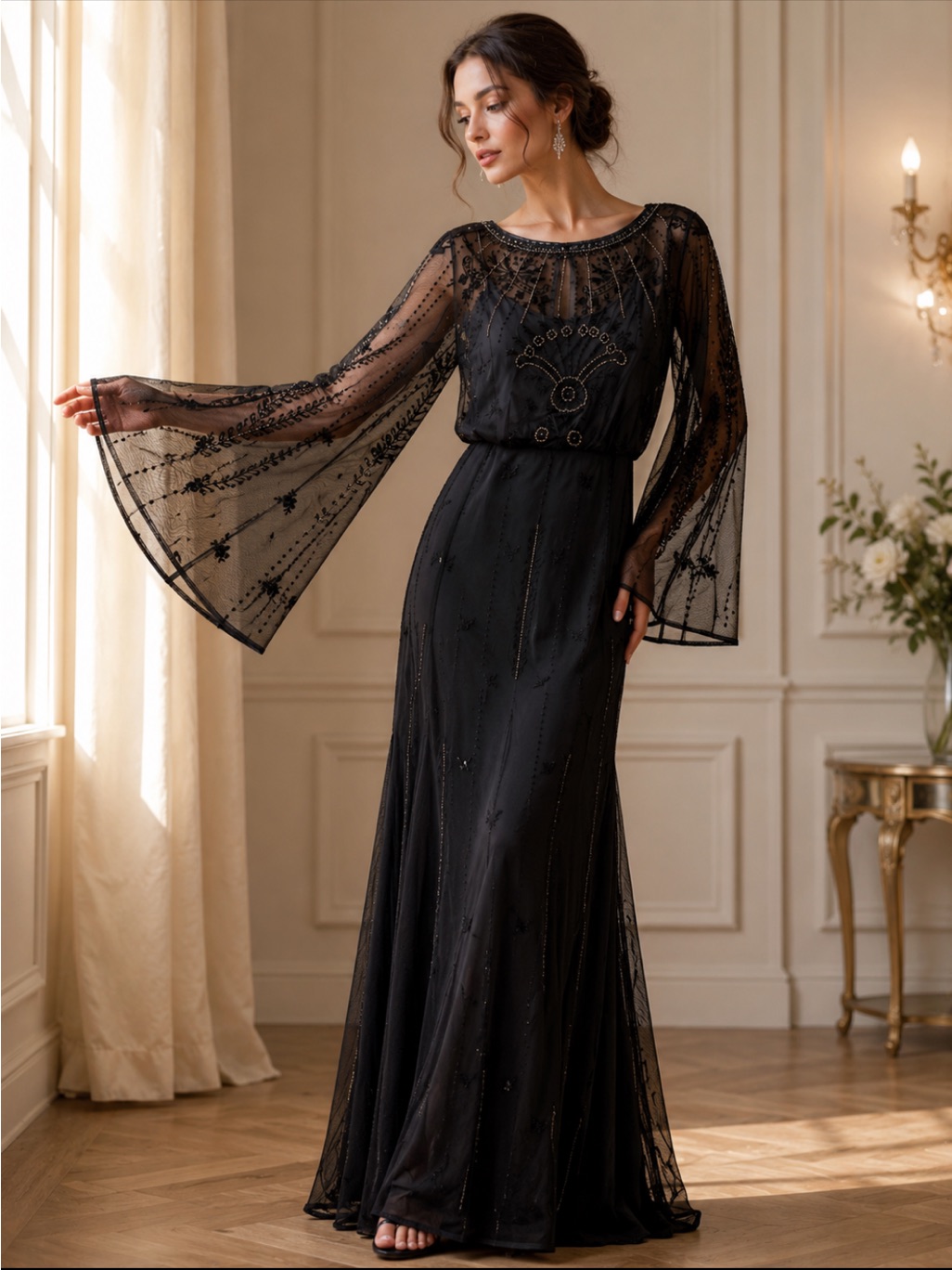 Aidan Mattox Gunmetal Beaded Long-Sleeve Evening Gown